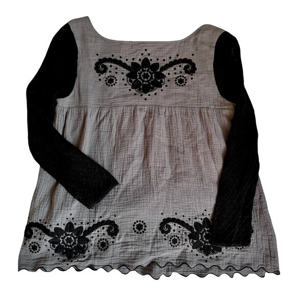 Manoush Boho Embroidered Peasant Top Gray Black Cotton Blouse Size L - Picture 6 of 11